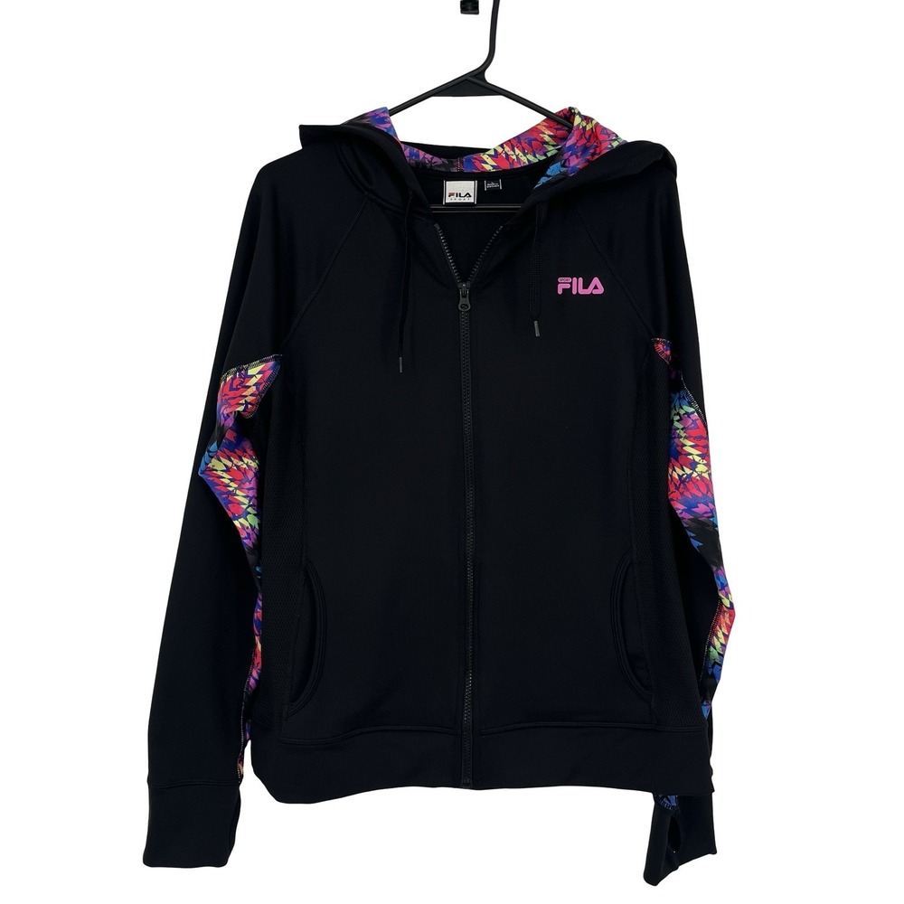FILA Sport Women's L Black Full Zip Hoodie Jacket Neon Print Thumbholes Y2K